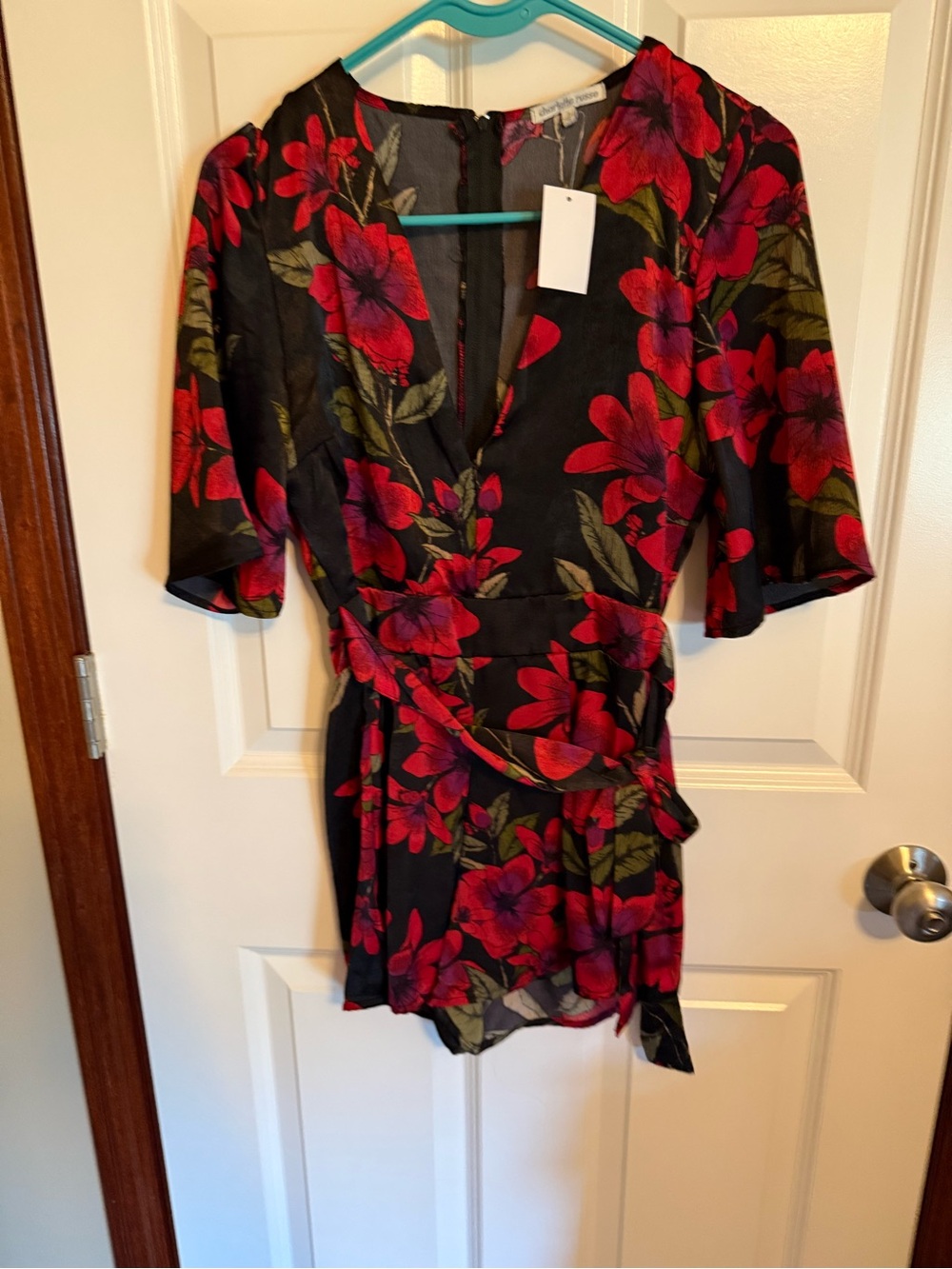 Floral Black & Red Wrap Romper - NWT